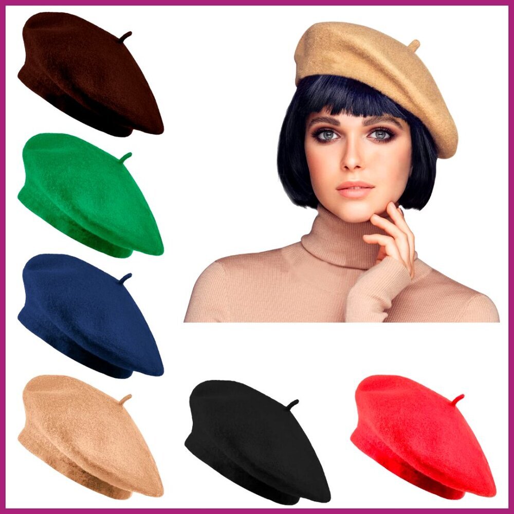 6-Piece Wool Beret Set, French-Style Winter Hats, Fitted Pull-On